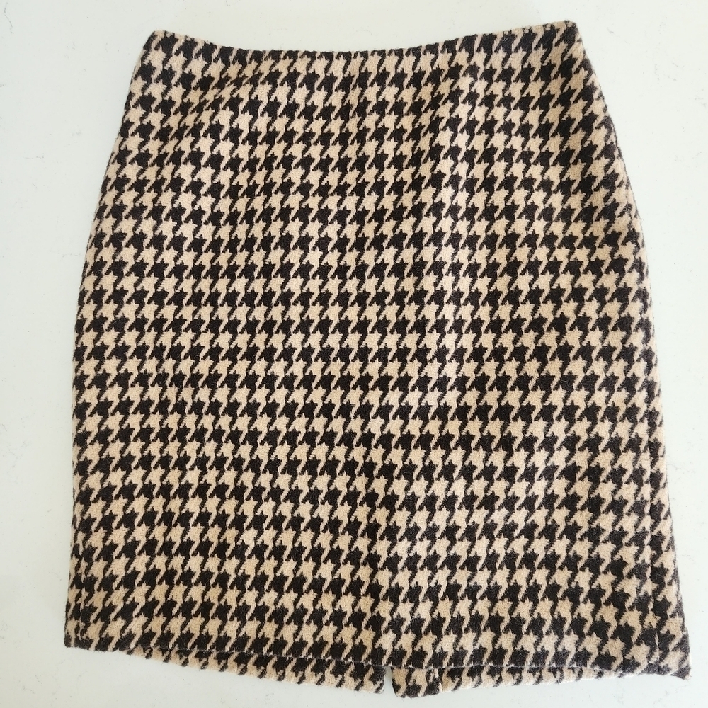 Talbots Tweed Black Tan Houndstooth Wool Blend Pencil Skirt Women's Size 6 EUC